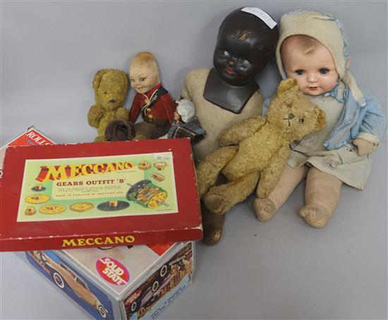 A quantity of mixed teddies, dolls, meccano etc